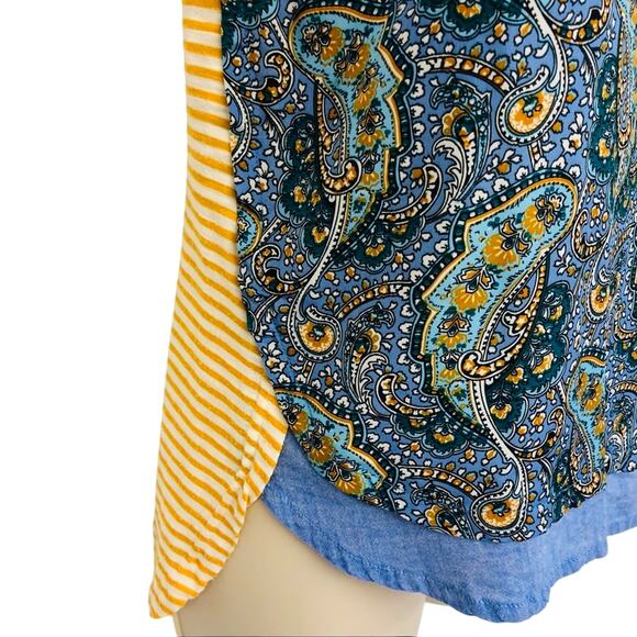 Y2k Anthropologie Postage Stamp Mix Media Popover Top Yellow Blue Paisley Print - Picture 7 of 16